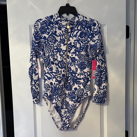 Lilly Pulitzer Blue and White Long-Sleeve One-Piece Swim